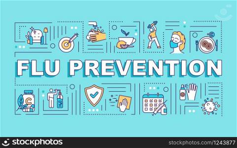 Flu prevention word concepts banner. Immunization with vitamin. Vaccination shot. Infographics with linear icons on turquoise background. Isolated typography. Vector outline RGB color illustration