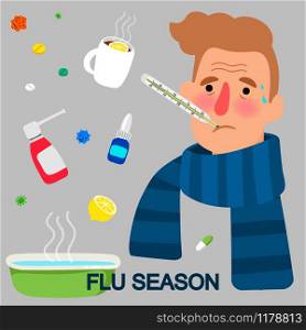 Flu season cartoon vector concept with ill man. Flu season cartoon concept