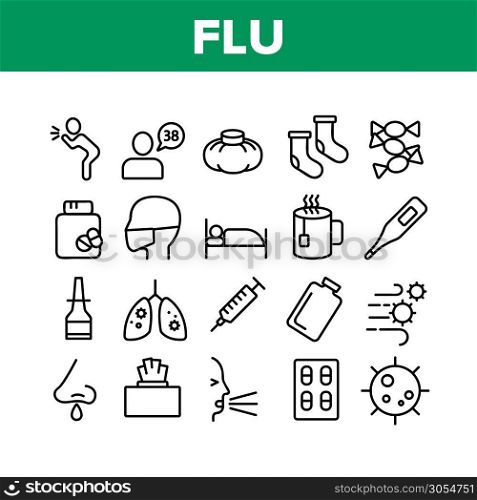 Flu Symptoms And Cure Collection Icons Set Vector Thin Line. Cough And Lungs, Tablets And Wipes, Syringe And Injection, Flu Virus And Snot Concept Linear Pictograms. Monochrome Contour Illustrations. Flu Symptoms And Cure Collection Icons Set Vector