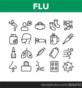 Flu Symptoms And Cure Collection Icons Set Vector Thin Line. Cough And Lungs, Tablets And Wipes, Syringe And Injection, Flu Virus And Snot Concept Linear Pictograms. Monochrome Contour Illustrations. Flu Symptoms And Cure Collection Icons Set Vector