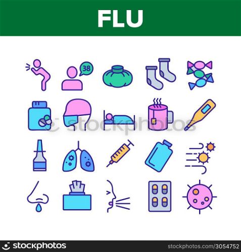Flu Symptoms And Cure Collection Icons Set Vector Thin Line. Cough And Lungs, Tablets And Wipes, Syringe And Injection, Flu Virus And Snot Concept Linear Pictograms. Color Contour Illustrations. Flu Symptoms And Cure Collection Icons Set Vector