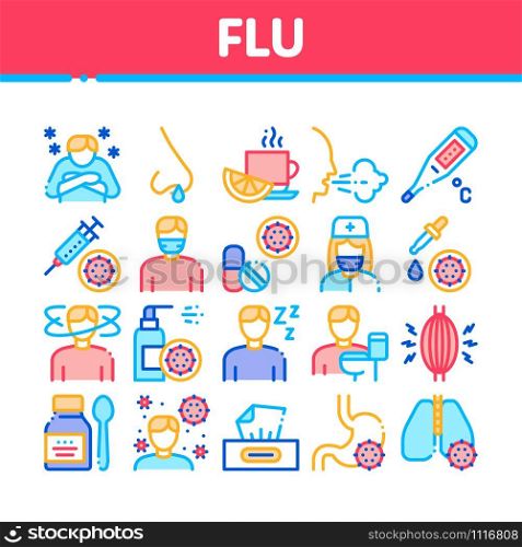 Flu Symptoms Medical Collection Icons Set Vector Thin Line. Chills And Fever, Cough And Runny Nose, Flu Virus In Lungs And Stomach Concept Linear Pictograms. Color Contour Illustrations. Flu Symptoms Medical Collection Icons Set Vector