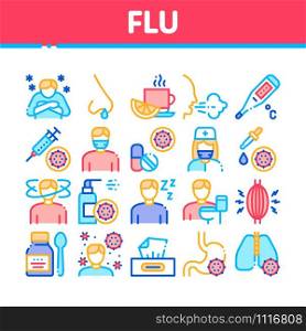 Flu Symptoms Medical Collection Icons Set Vector Thin Line. Chills And Fever, Cough And Runny Nose, Flu Virus In Lungs And Stomach Concept Linear Pictograms. Color Contour Illustrations. Flu Symptoms Medical Collection Icons Set Vector