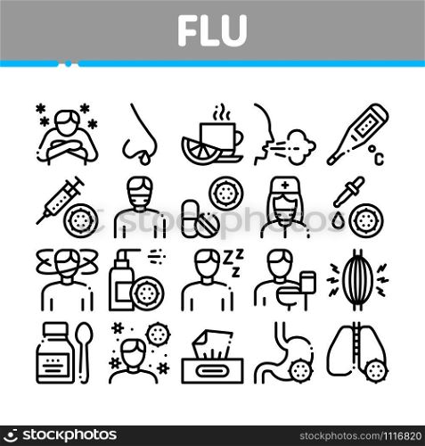 Flu Symptoms Medical Collection Icons Set Vector Thin Line. Chills And Fever, Cough And Runny Nose, Flu Virus In Lungs And Stomach Concept Linear Pictograms. Monochrome Contour Illustrations. Flu Symptoms Medical Collection Icons Set Vector