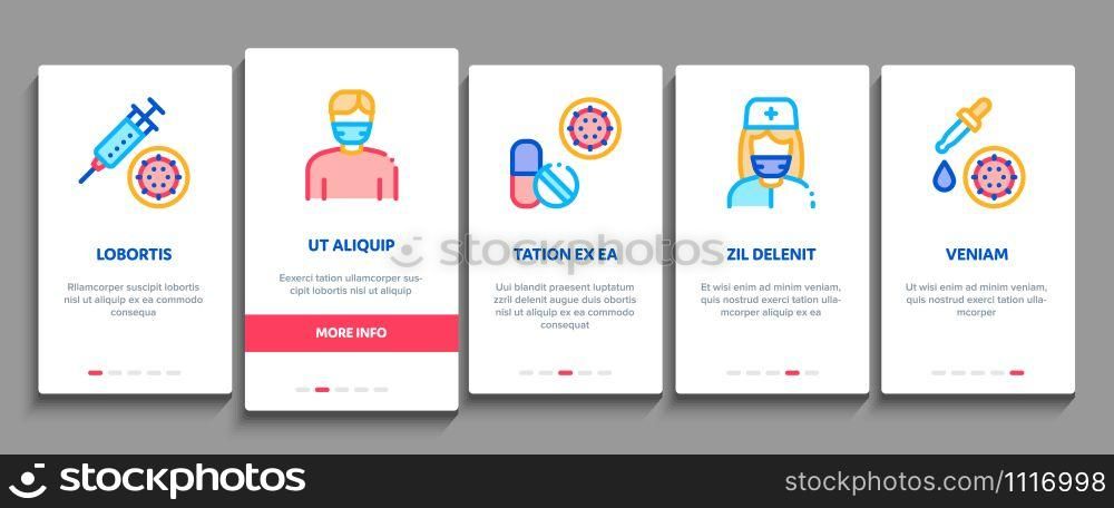 Flu Symptoms Medical Onboarding Mobile App Page Screen. Chills And Fever, Cough And Runny Nose, Flu Virus In Lungs And Stomach Concept Illustrations. Flu Symptoms Medical Onboarding Elements Icons Set Vector