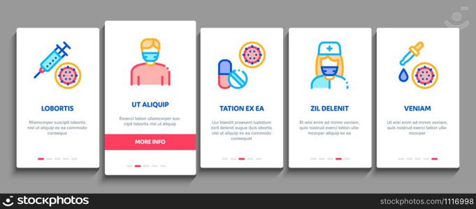 Flu Symptoms Medical Onboarding Mobile App Page Screen. Chills And Fever, Cough And Runny Nose, Flu Virus In Lungs And Stomach Concept Illustrations. Flu Symptoms Medical Onboarding Elements Icons Set Vector