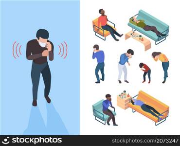 Flu symptoms. Sick people bacteria sneezing coughing garish vector characters isometric. Illustration symptoms grippe and fever temperature. Flu symptoms. Sick people bacteria sneezing coughing garish vector characters isometric