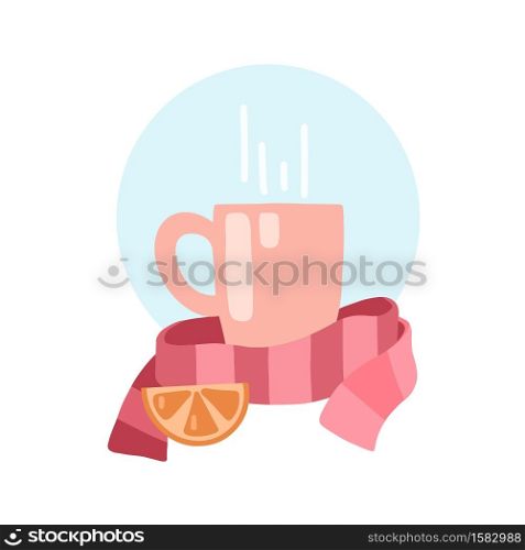 Flu treatment at home. Flat illustration of a cup, scarf, lemon slice on a white background. Colds and therapy. Vector picture for postcards, banners and your creativity.. Flu treatment at home. Flat illustration of a cup, scarf, lemon slice on a white background. Colds and therapy. Vector picture