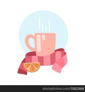 Flu treatment at home. Flat illustration of a cup, scarf, lemon slice on a white background. Colds and therapy. Vector picture for postcards, banners and your creativity.. Flu treatment at home. Flat illustration of a cup, scarf, lemon slice on a white background. Colds and therapy. Vector picture