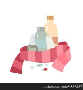 Flu treatment at home. Flat illustration of medicine, pills, scarf on a white background. Colds and therapy. Medicines and balms. Vector picture for postcards, banners and your creativity.. Flu treatment at home. Flat illustration of medicine, pills, scarf on a white background. Colds and therapy. Medicines and balms. Vector picture