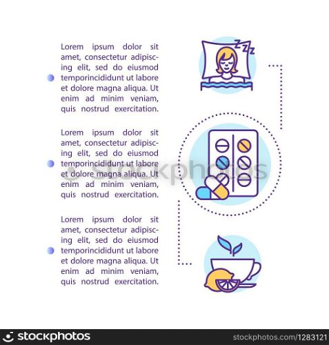 Flu treatment concept icon with text. More rest for sick patient. Prescription intake. Vitamin tea. PPT page vector template. Brochure, magazine, booklet design element with linear illustrations