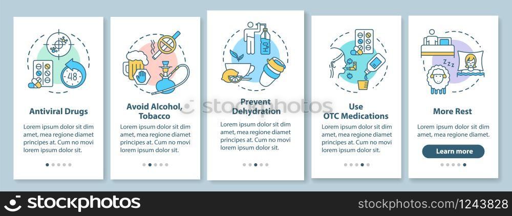 Flu treatment onboarding mobile app page screen with concepts. Hydrate, medication. Influenza cure walkthrough 5 steps graphic instructions. UI vector template with RGB color illustrations
