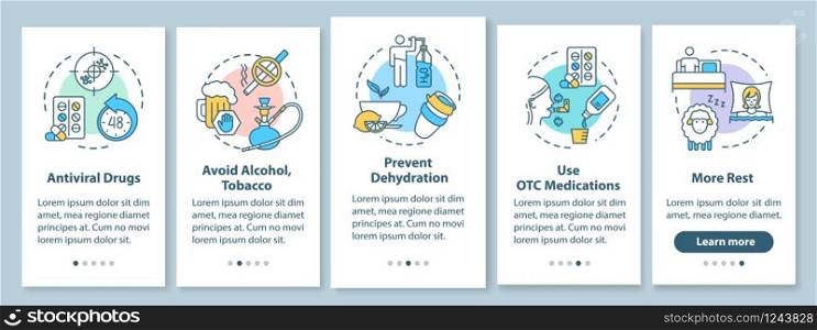 Flu treatment onboarding mobile app page screen with concepts. Hydrate, medication. Influenza cure walkthrough 5 steps graphic instructions. UI vector template with RGB color illustrations