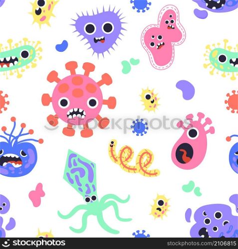 Flue bacteria pattern. Seamless print with coronavirus. Colorful pathogen microbe cells. Covid-19 germs with funny faces. Infectious microorganisms. Microscope view. Disease viruses. Vector texture. Flue bacteria pattern. Seamless print with coronavirus. Pathogen microbe. Covid-19 germs with funny faces. Infectious microorganisms. Microscope view. Disease viruses. Vector texture