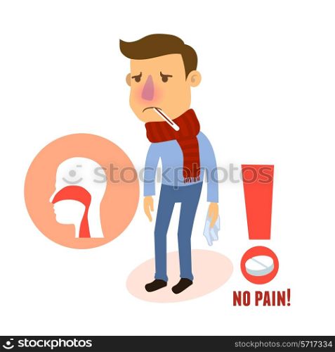 Flue sick male person character with thermometer and pill vector illustration