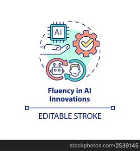 Fluency in AI innovations concept icon. Trendy digital skill abstract idea thin line illustration. Machine learning. Isolated outline drawing. Editable stroke. Arial, Myriad Pro-Bold fonts used. Fluency in AI innovations concept icon