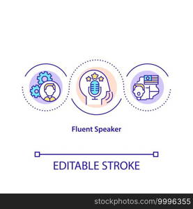 Fluent speaker concept icon. Person who is very comfortable with language. Types of language knowledge idea thin line illustration. Vector isolated outline RGB color drawing. Editable stroke. Fluent speaker concept icon