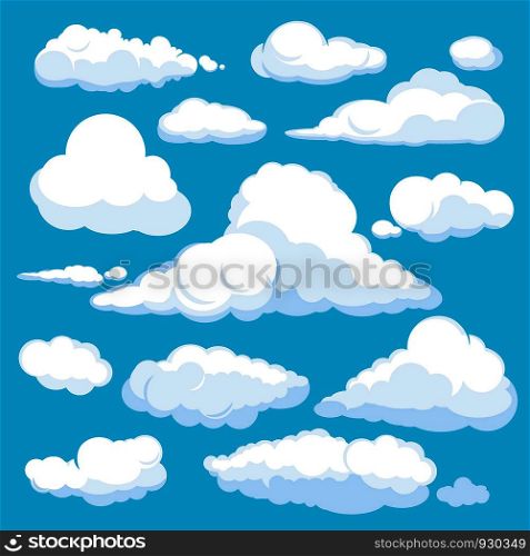 Fluffy cartoon clouds. Shine sky weather illustration panorama clean vector set isolated. Cloudscape and cloud nature fluffy in air. Fluffy cartoon clouds. Shine sky weather illustration panorama clean vector set isolated