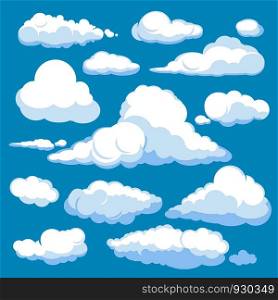 Fluffy cartoon clouds. Shine sky weather illustration panorama clean vector set isolated. Cloudscape and cloud nature fluffy in air. Fluffy cartoon clouds. Shine sky weather illustration panorama clean vector set isolated