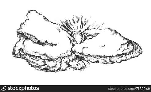 Fluffy Cloud And Sun In Warm Weather Retro Vector. Summer Season Sky Element Cloud In Sunny Day. Cloudscape Engraving Concept Template Hand Drawn In Vintage Style Black And White Illustration. Fluffy Cloud And Sun In Warm Weather Retro Vector