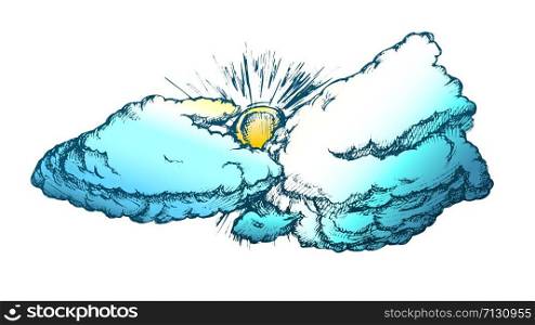 Fluffy Cloud And Sun In Warm Weather Retro Vector. Summer Season Sky Element Cloud In Sunny Day. Cloudscape Engraving Concept Template Hand Drawn In Vintage Style Color Illustration. Fluffy Cloud And Sun In Warm Weather Retro Vector