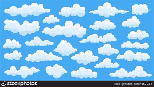 Fluffy clouds. Cartoon summer clouds cute game elements, comic white atmosphere clouds. Vector set beautiful bright illustrations clouds. Fluffy clouds. Cartoon summer clouds cute game elements, comic white atmosphere clouds. Vector set