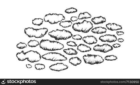 Fluffy Clouds Cumulus Flying On Sky Ink Vector. Decorative Clouds Atmosphere Element Of Cloudy Night. Climate And Meteorology Engraving Concept Layout Designed In Vintage Style Monochrome Illustration. Fluffy Clouds Cumulus Flying On Sky Ink Vector