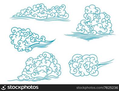 Fluffy clouds set in retro swirl style isolated on white for any weather, sky or another design