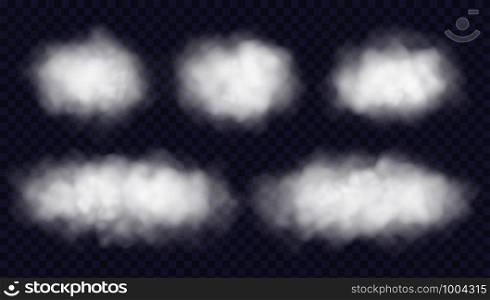 Fluffy clouds set isolated on transparent background. Realistic vector design elements collection. Fog or smoke special effect.. Fluffy clouds set isolated on transparent background.