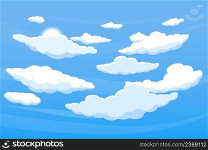 Fluffy clouds sky. Beautiful heaven with white cumulus and sun. Peaceful blue background. Cartoon natural phenomena. Atmosphere precipitation. Day cloudscape. Puffy cloudy shapes. Vector concept. Fluffy clouds sky. Beautiful heaven with white cumulus and sun. Peaceful background. Cartoon natural phenomena. Atmosphere precipitation. Day cloudscape. Cloudy shapes. Vector concept