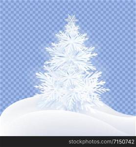 Fluffy decorative paper cut Christmas Tree isolated on snowy transparent background. Premium quality vector design element.