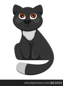 Fluffy domestic cat with long tail, shiny bright yellow eyes and soft grey fur. Adorable pet with lovely muzzle that sits calmly isolated cartoon flat vector illustration on white background.. Fluffy domestic cat with long tail and bright yellow eyes
