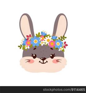 Fluffy hare in flower wreath isolated cute bunny in floral crown decoration. Vector cute hare face with spring or summer flowers, baby rabbit character. Fluffy hare in flower wreath isolated cute bunny