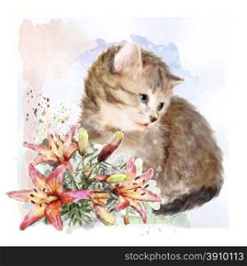 Fluffy kitten with lilies. Vintage postcard. Imitation of watercolor painting.