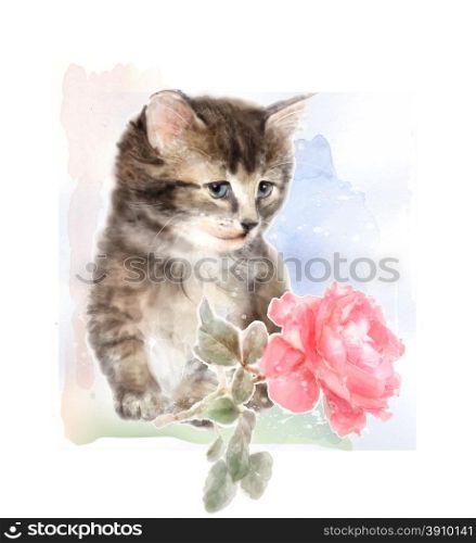Fluffy kitten with rose. Imitation of watercolor painting.