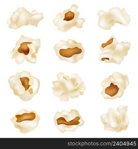 Fluffy popcorn. Fried 3d white corns snacks for movies time decent vector realistic collection set. Illustration popcorn snack fluffy illustration. Fluffy popcorn. Fried 3d white corns snacks for movies time decent vector realistic collection set