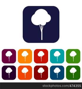 Fluffy tree icons set vector illustration in flat style In colors red, blue, green and other. Fluffy tree icons set
