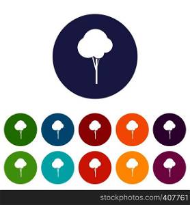 Fluffy tree set icons in different colors isolated on white background. Fluffy tree set icons