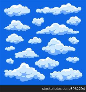 Fluffy white cartoon clouds in blue sky vector set. Cloudy day heaven. Cartoon cloudy fluffy illustration. Fluffy white cartoon clouds in blue sky vector set. Cloudy day heaven