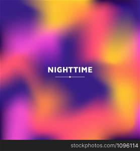 Fluid colors background, square blurred background, purple, pink, yellow, orange, gradient vector illustration White text - nighttime. Fluid colors background, square blurred background, purple, pink