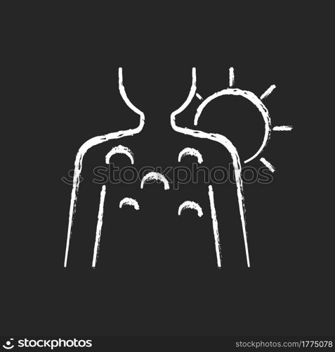 Fluid filled blister chalk white icon on dark background. Sunburn bumps on body from sun rays exposure. Skin inflammation during summer heat wave. Isolated vector chalkboard illustration on black. Fluid filled blister chalk white icon on dark background