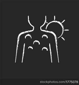 Fluid filled blister chalk white icon on dark background. Sunburn bumps on body from sun rays exposure. Skin inflammation during summer heat wave. Isolated vector chalkboard illustration on black. Fluid filled blister chalk white icon on dark background
