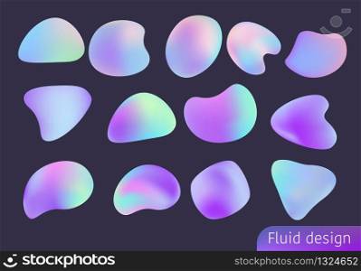 Fluid holographic shapes, gradient iridescent logo set. Premium quality vector design templates.