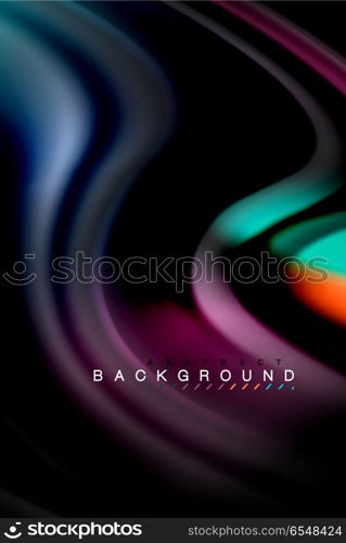 Fluid liquid colors design, colorful marble or plastic wavy texture background, glowing multicolored elements on black, for business or technology presentation or web brochure cover design, wallpaper. Fluid liquid glowing colors design, colorful marble or plastic wavy texture background, glowing multicolored elements on black, for business or technology presentation or web brochure cover design, wallpaper, vector illustration