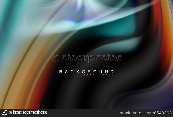 Fluid liquid colors design, colorful marble or plastic wavy texture background, glowing multicolored elements on black, for business or technology presentation or web brochure cover design, wallpaper. Fluid liquid colors design, colorful marble or plastic wavy texture background, glowing multicolored elements on black, for business or technology presentation or web brochure cover design, wallpaper, vector illustration