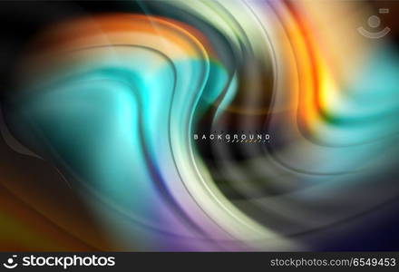 Fluid liquid colors design, colorful marble or plastic wavy texture background, glowing multicolored elements on black, for business or technology presentation or web brochure cover design, wallpaper. Fluid liquid colors design, colorful marble or plastic wavy texture background, glowing multicolored elements on black, for business or technology presentation or web brochure cover design, wallpaper, vector illustration