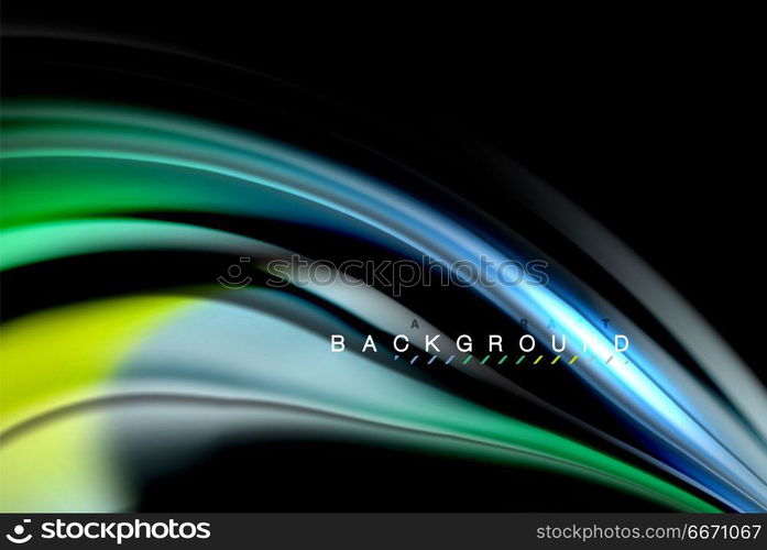 Fluid liquid colors design, colorful marble or plastic wavy texture background, glowing multicolored elements on black, for business or technology presentation or web brochure cover design, wallpaper. Fluid liquid glowing colors design, colorful marble or plastic wavy texture background, glowing multicolored elements on black, for business or technology presentation or web brochure cover design, wallpaper, vector illustration