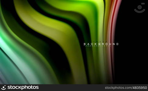 Fluid mixing colors, vector wave abstract background. Abstract wave lines fluid rainbow style color stripes on black background. Vector artistic illustration for presentation, app wallpaper, banner or poster