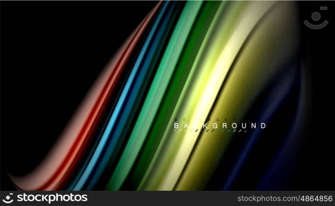 Fluid mixing colors, vector wave abstract background. Abstract wave lines fluid rainbow style color stripes on black background. Vector artistic illustration for presentation, app wallpaper, banner or poster