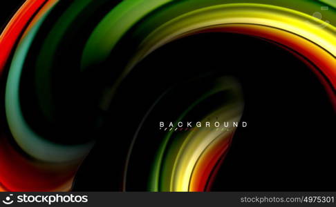 Fluid mixing colors, vector wave abstract background. Abstract wave lines fluid rainbow style color stripes on black background. Vector artistic illustration for presentation, app wallpaper, banner or poster